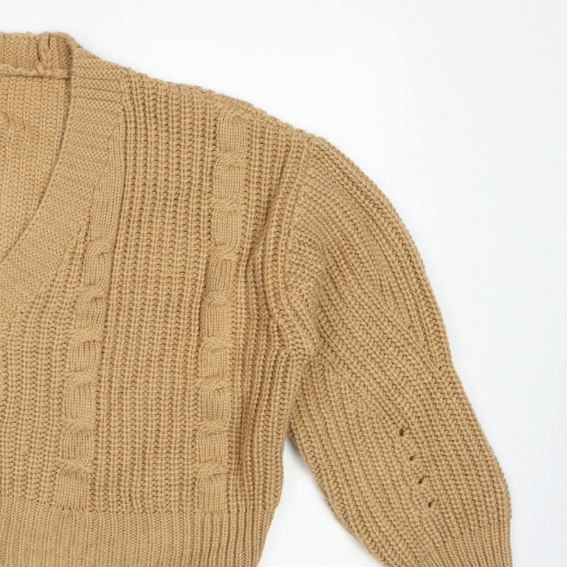 Stradivarius Women Beige M Cable Knit V-Neck Button Cardigan