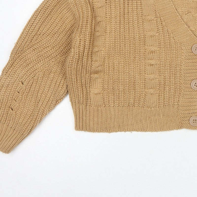 Stradivarius Women Beige M Cable Knit V-Neck Button Cardigan