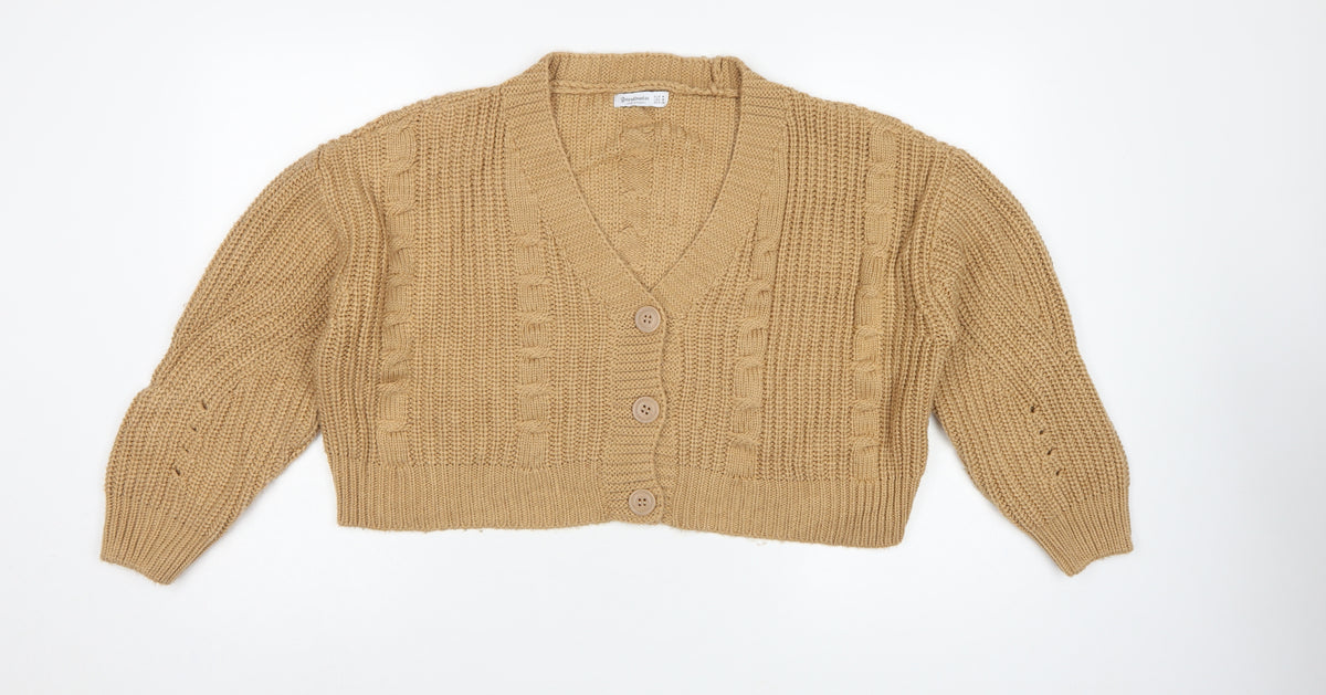 Stradivarius Women Beige M Cable Knit V-Neck Button Cardigan