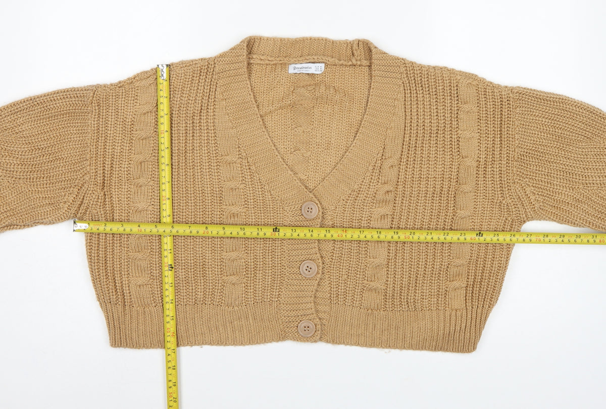Stradivarius Women Beige M Cable Knit V-Neck Button Cardigan