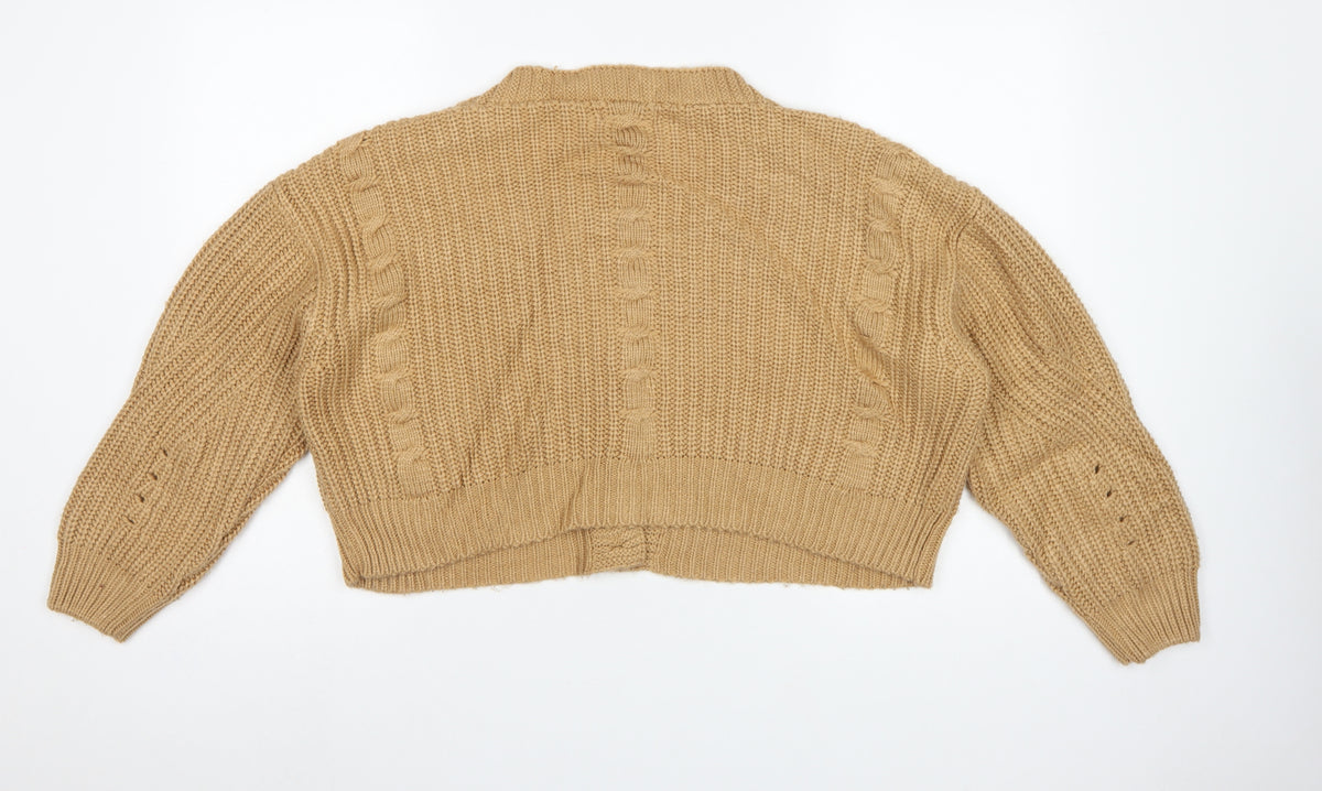 Stradivarius Women Beige M Cable Knit V-Neck Button Cardigan