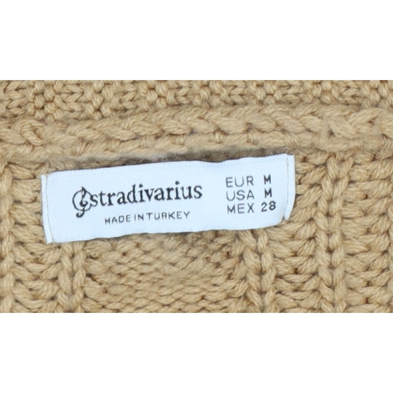 Stradivarius Women Beige M Cable Knit V-Neck Button Cardigan