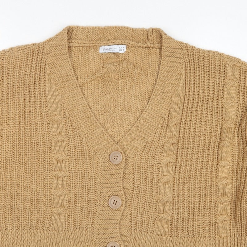 Stradivarius Women Beige M Cable Knit V-Neck Button Cardigan