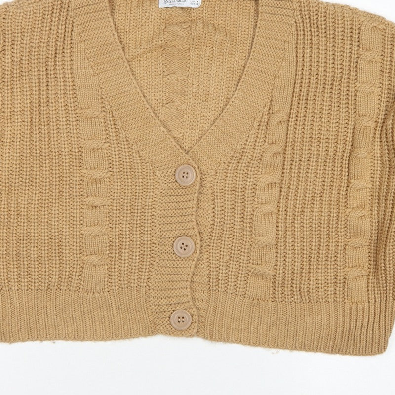 Stradivarius Women Beige M Cable Knit V-Neck Button Cardigan