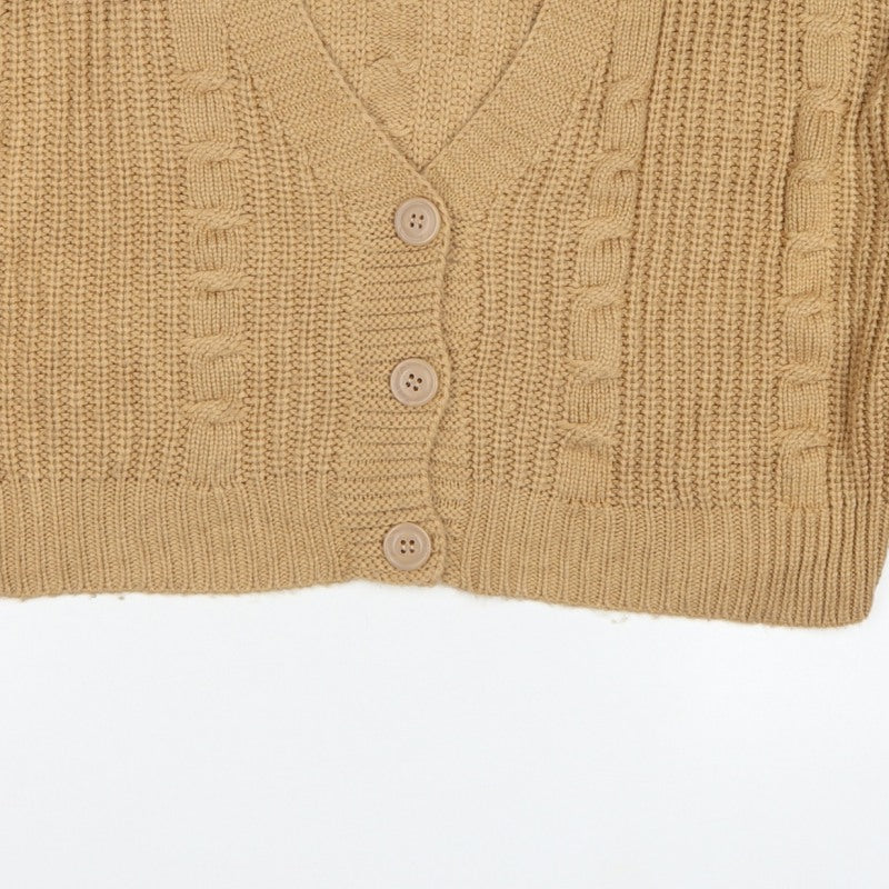 Stradivarius Women Beige M Cable Knit V-Neck Button Cardigan