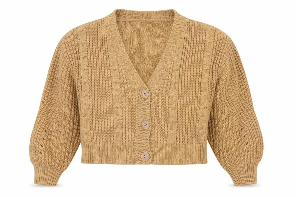 Stradivarius Women Beige M Cable Knit V-Neck Button Cardigan