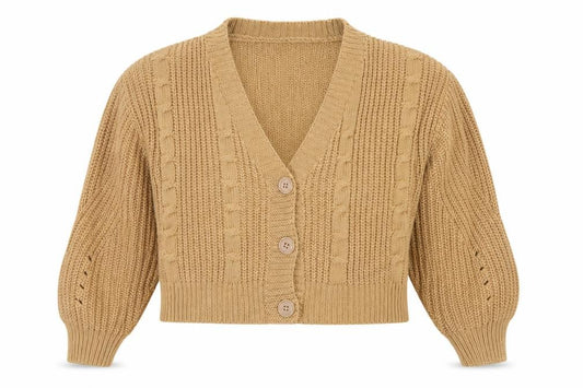 Stradivarius Women Beige M Cable Knit V-Neck Button Cardigan