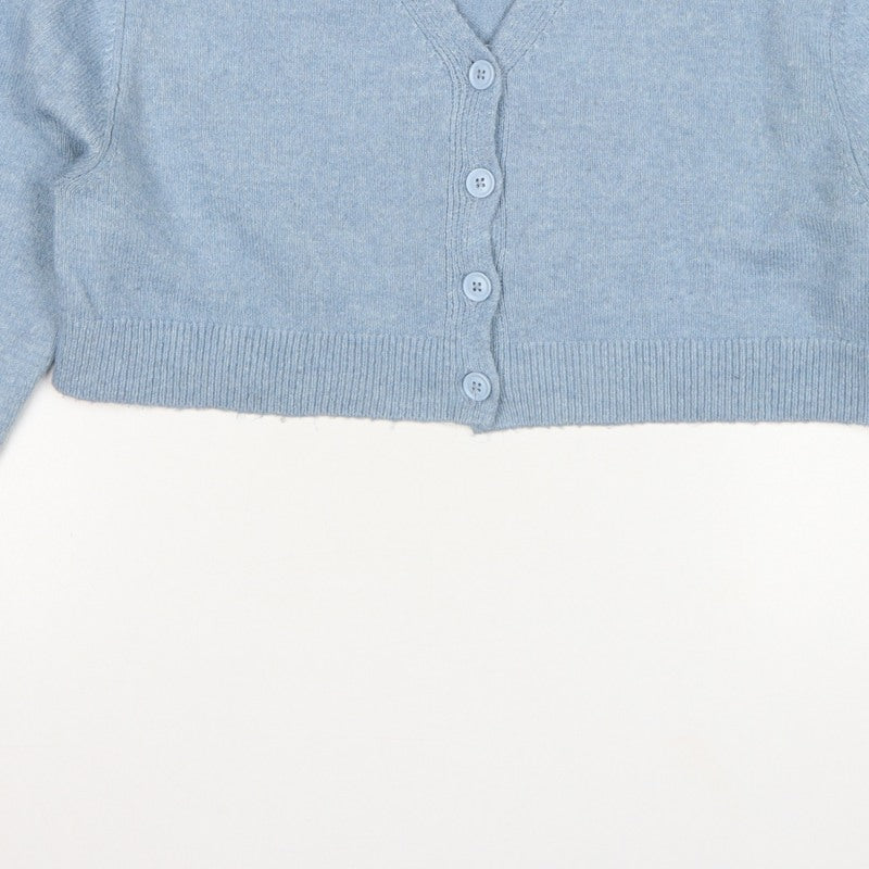Collusion Women Blue UK 8 V-Neck Button Knit Cardigan