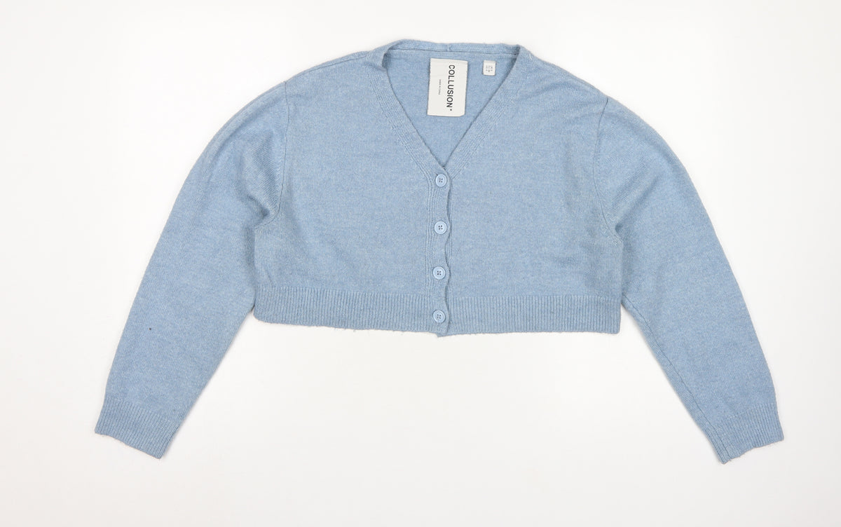 Collusion Women Blue UK 8 V-Neck Button Knit Cardigan