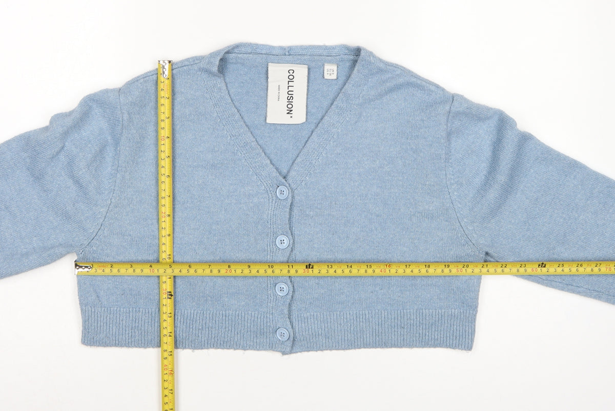 Collusion Women Blue UK 8 V-Neck Button Knit Cardigan