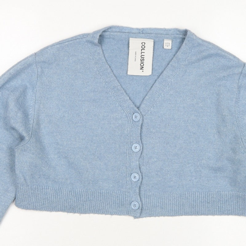 Collusion Women Blue UK 8 V-Neck Button Knit Cardigan