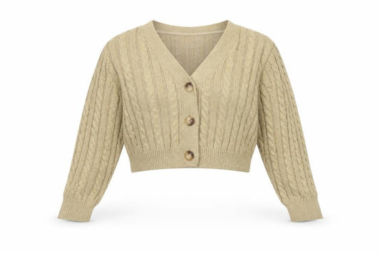 Nobody's Child Women Beige S Cable Knit V-Neck Button Cardigan
