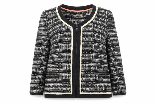 Next Women’s Black Cream Tweed Jacket UK 14 3/4 Sleeve Zip Pockets