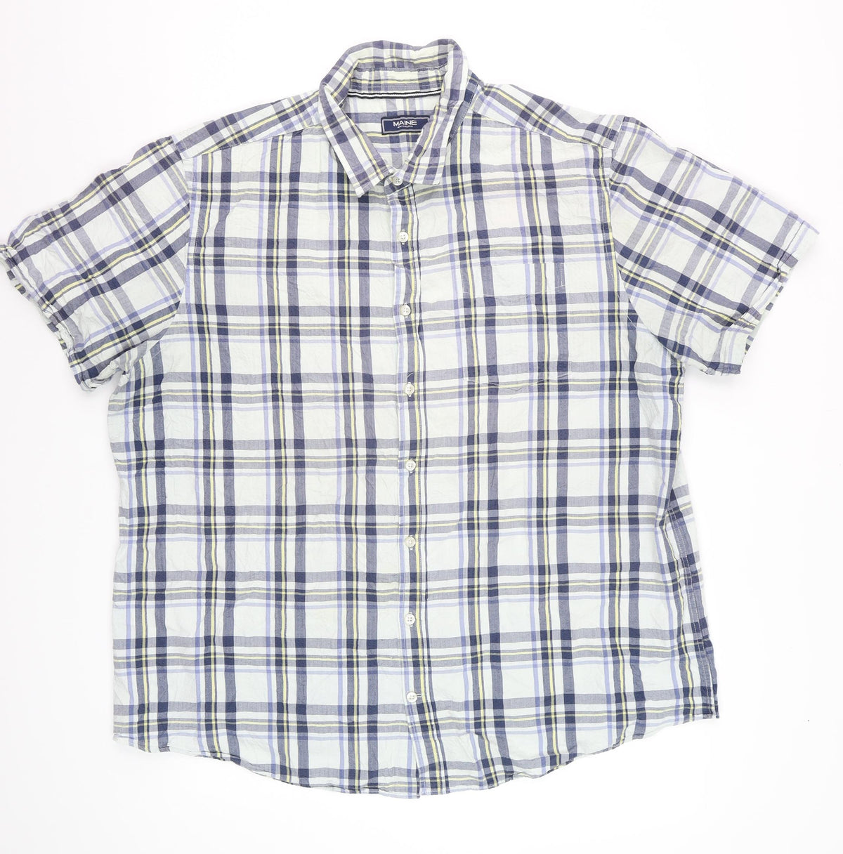 Maine Men Blue Check 2XL Classic Short Sleeve Button-Down Cotton Shirt