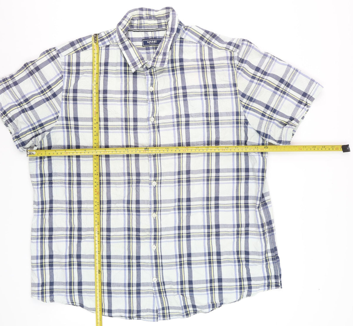 Maine Men Blue Check 2XL Classic Short Sleeve Button-Down Cotton Shirt