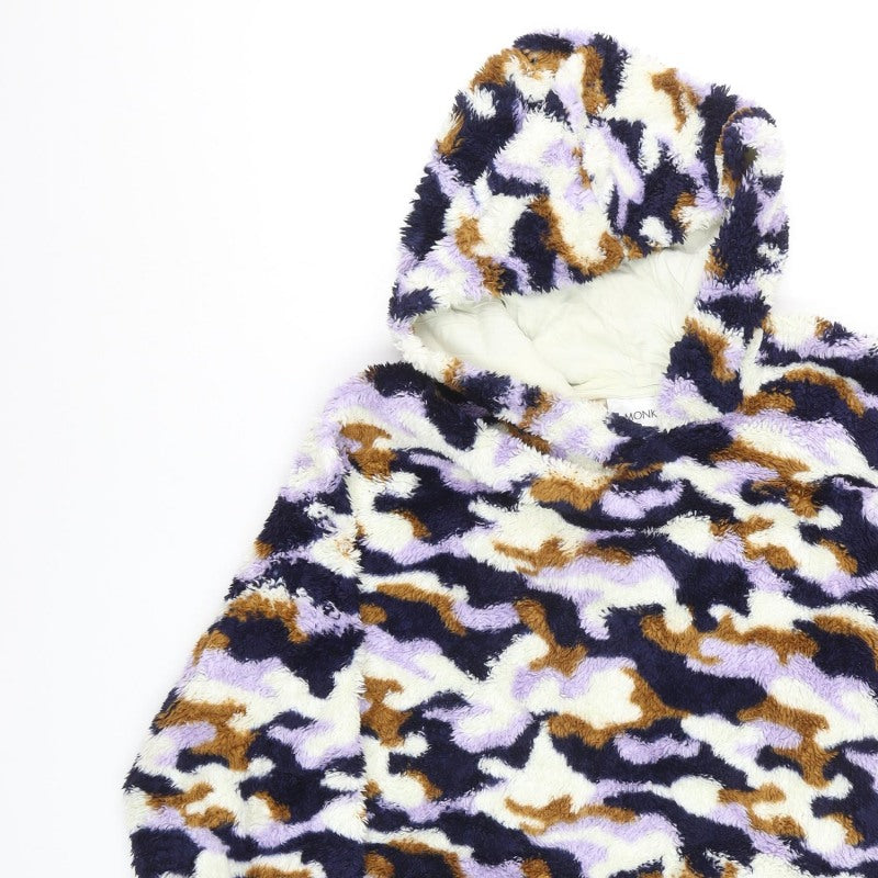 Monki Women Multicoloured Camo Borg Fleece Hooded Pullover Sweatshirt L