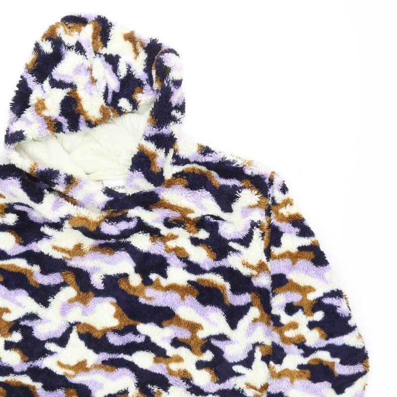Monki Women Multicoloured Camo Borg Fleece Hooded Pullover Sweatshirt L