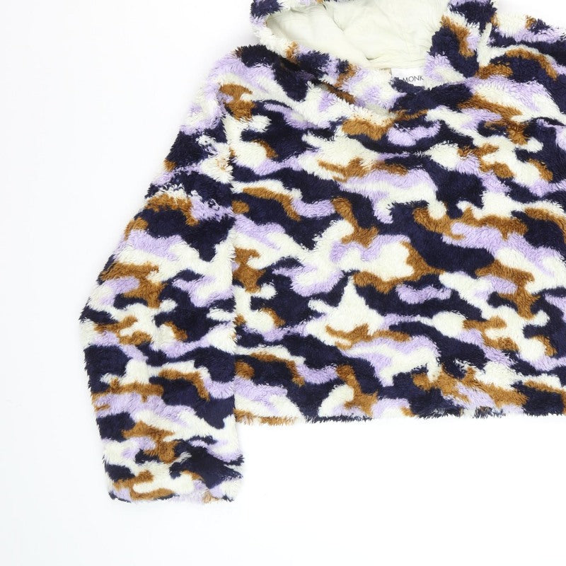 Monki Women Multicoloured Camo Borg Fleece Hooded Pullover Sweatshirt L