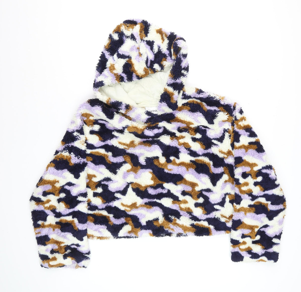 Monki Women Multicoloured Camo Borg Fleece Hooded Pullover Sweatshirt L