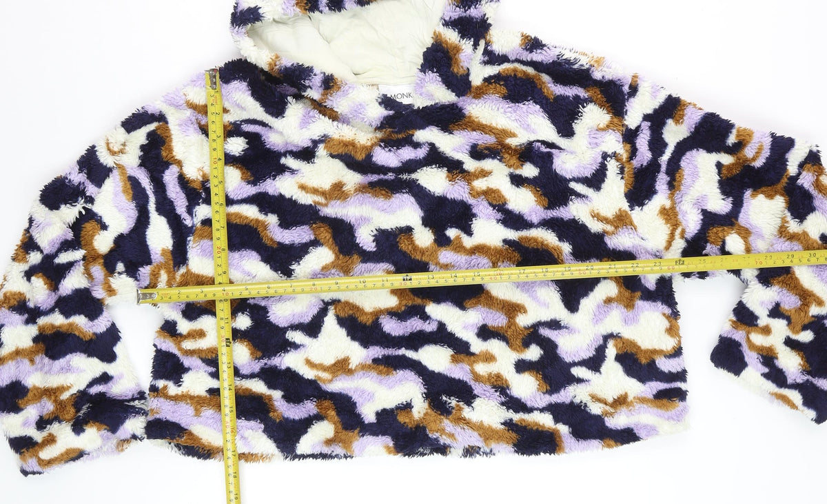 Monki Women Multicoloured Camo Borg Fleece Hooded Pullover Sweatshirt L