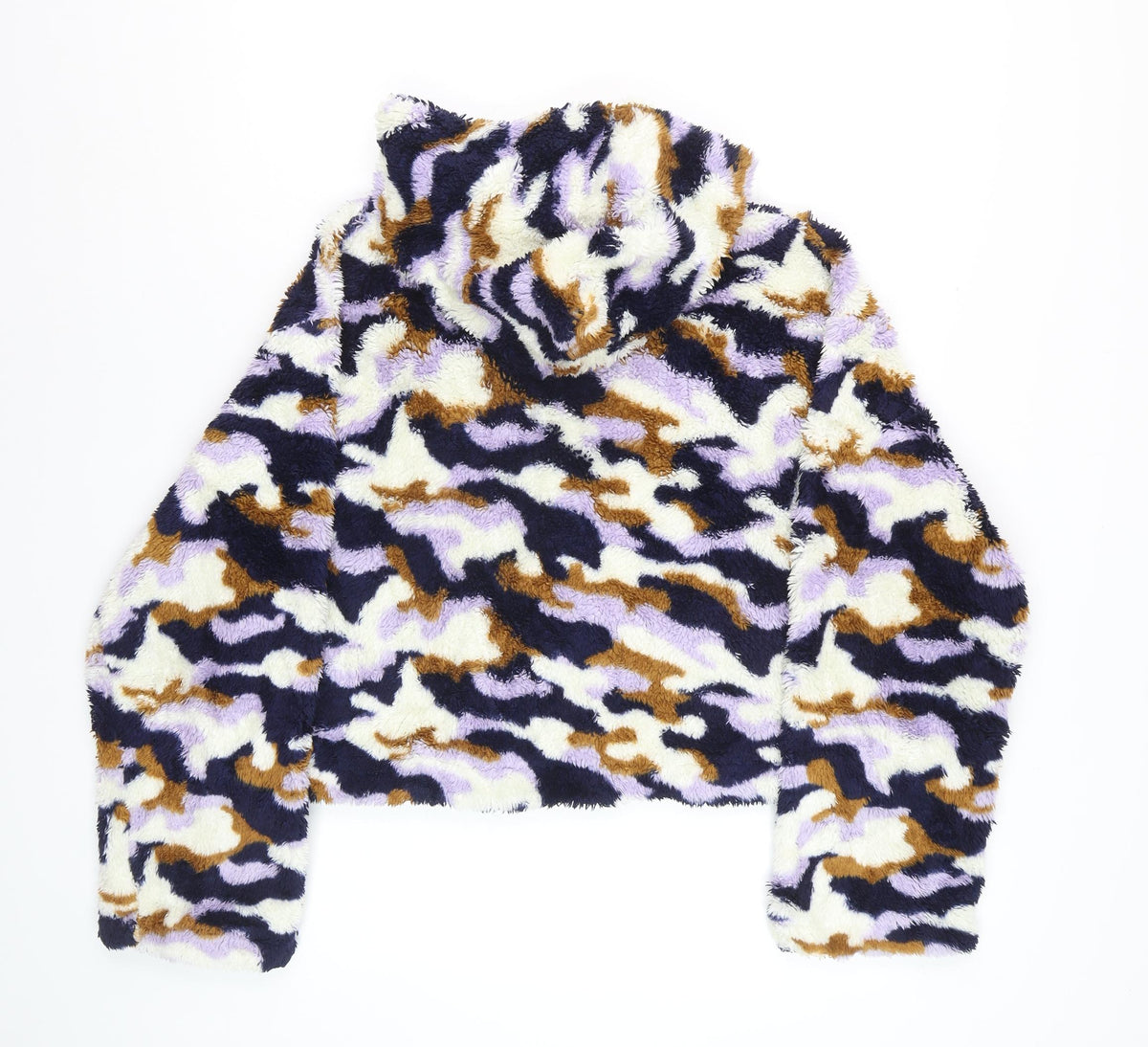 Monki Women Multicoloured Camo Borg Fleece Hooded Pullover Sweatshirt L