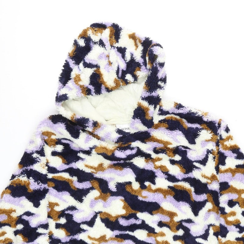 Monki Women Multicoloured Camo Borg Fleece Hooded Pullover Sweatshirt L
