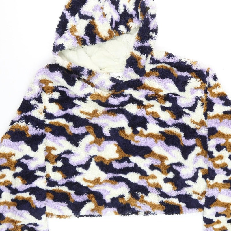 Monki Women Multicoloured Camo Borg Fleece Hooded Pullover Sweatshirt L
