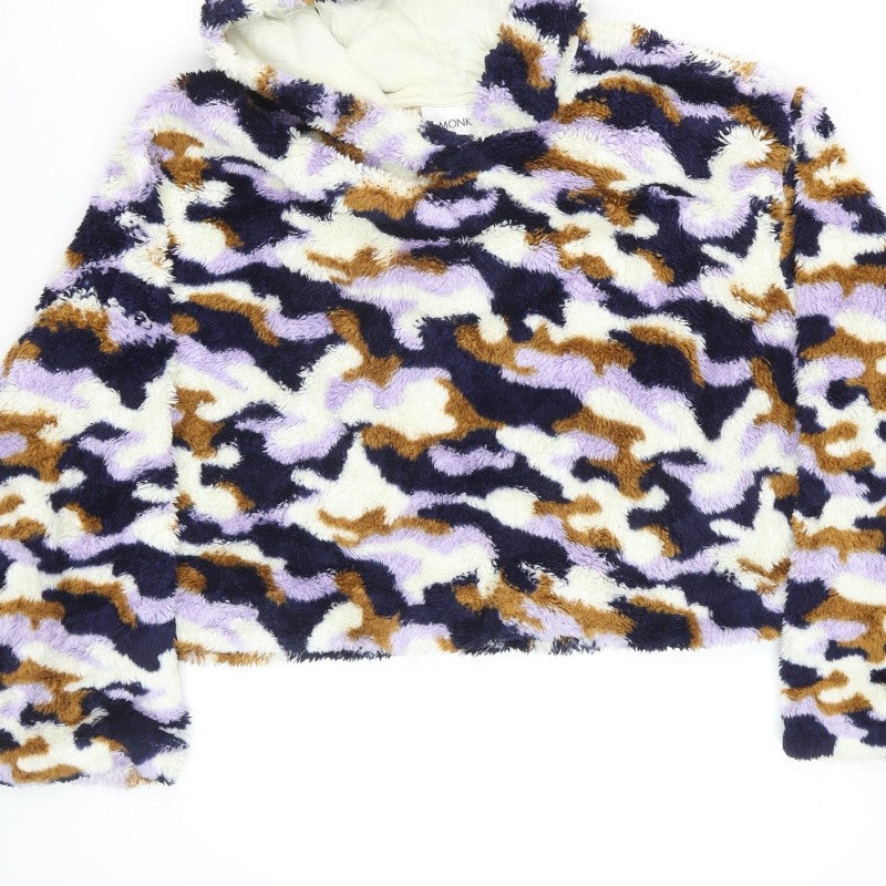 Monki Women Multicoloured Camo Borg Fleece Hooded Pullover Sweatshirt L