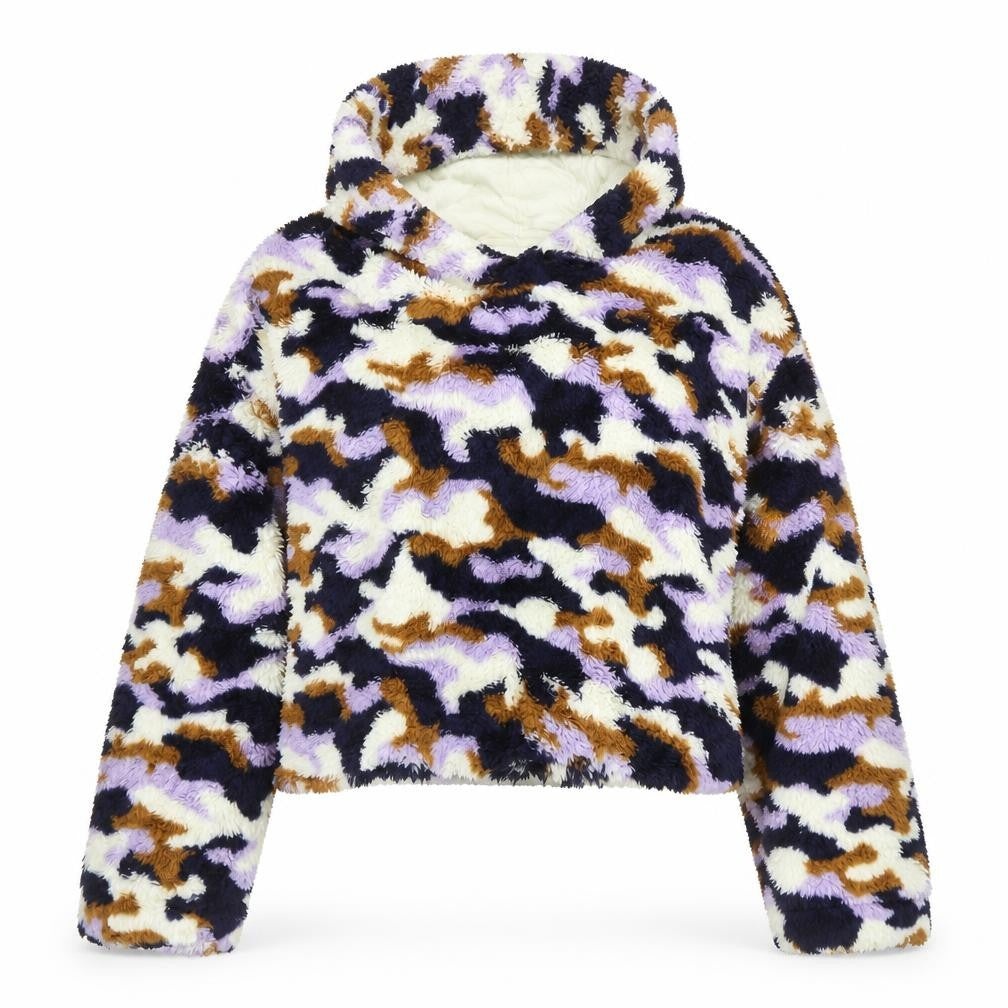 Monki Women Multicoloured Camo Borg Fleece Hooded Pullover Sweatshirt L