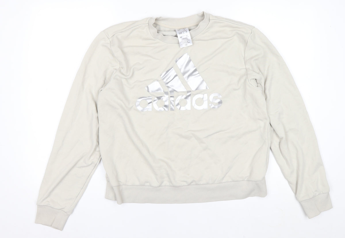 adidas Men Beige M Pullover Crew Neck Silver Logo Sweatshirt
