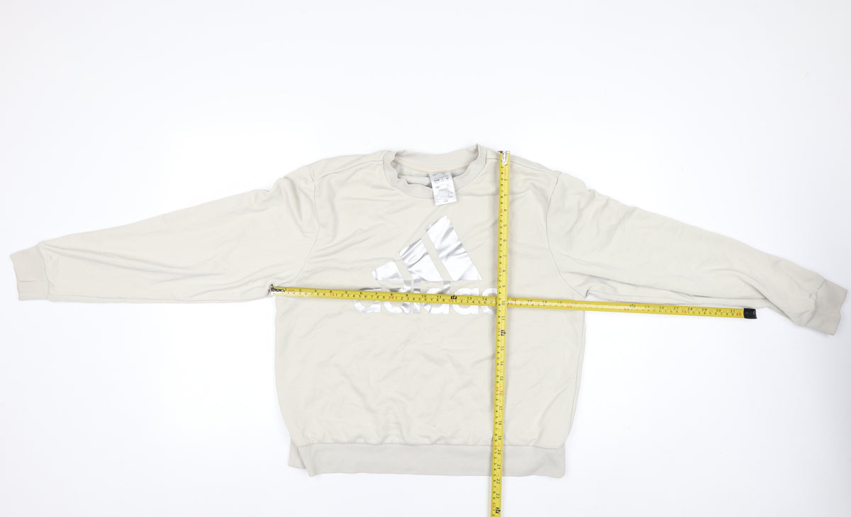 adidas Men Beige M Pullover Crew Neck Silver Logo Sweatshirt