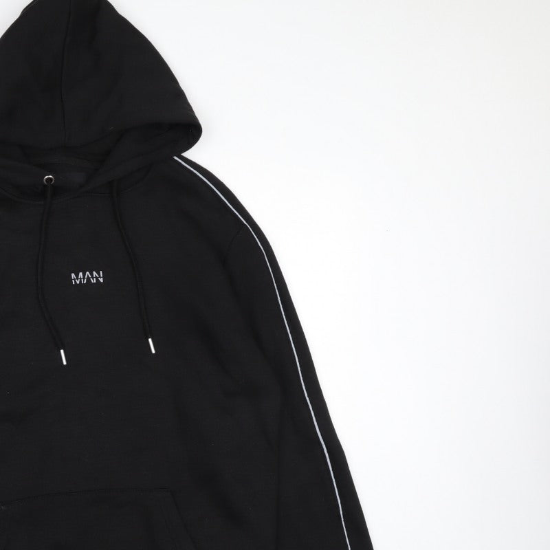 boohooMAN Men’s Black M Pullover Hoodie Logo Piped Sleeves
