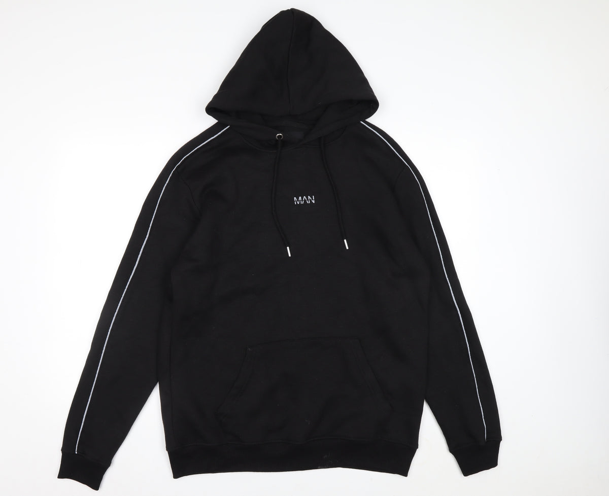 boohooMAN Men’s Black M Pullover Hoodie Logo Piped Sleeves
