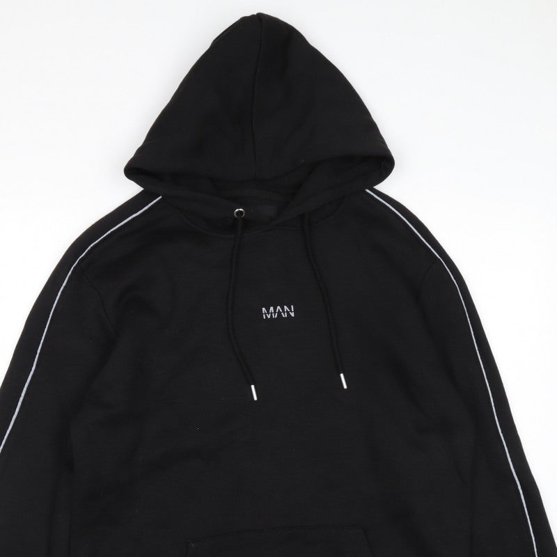 boohooMAN Men’s Black M Pullover Hoodie Logo Piped Sleeves