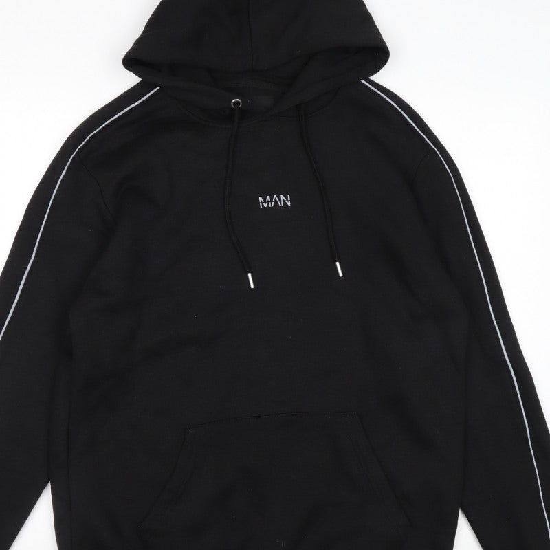 boohooMAN Men’s Black M Pullover Hoodie Logo Piped Sleeves