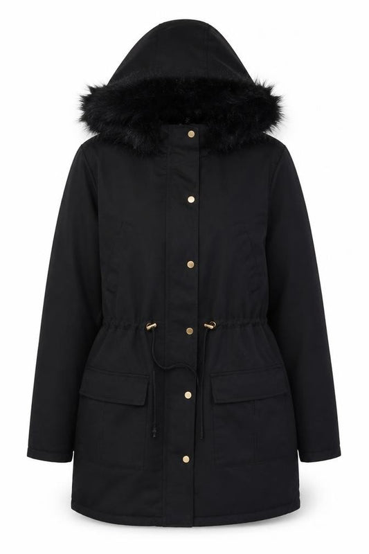 Divided by H&M Women's Black Size 8 Long Hooded Faux Fur Trim Parka Coat