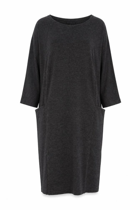 Jaeger Women Grey L Knee Length Jumper Knit Pocket Dress 3/4 Sleeve