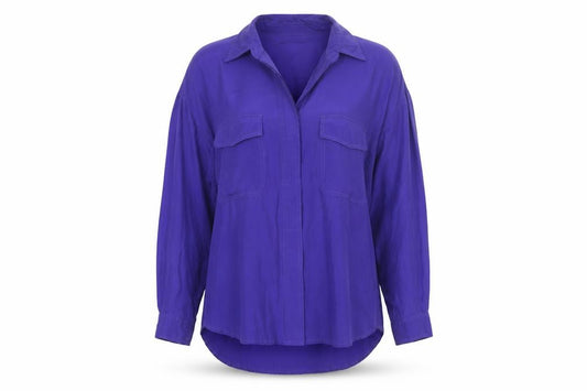 Para Women Purple M 100% Silk Button-Up Long Sleeve Pocket Shirt
