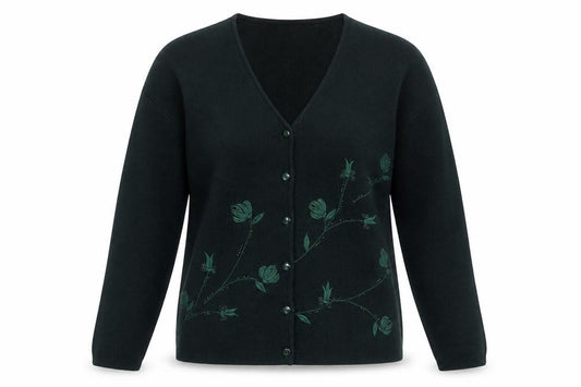 Le Garcy Women Black M Floral Embroidered Wool V-Neck Cardigan