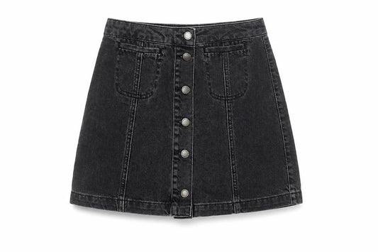Topshop Women Black UK 8 A-Line Denim Mini Button Skirt