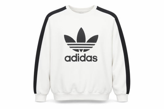Adidas Men's White L Trefoil Logo Pullover Sweatshirt Black Sleeve Panels