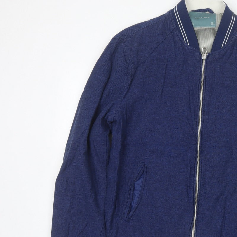 Zara Man Men's Blue Linen Cotton Bomber Jacket Size M Full Zip