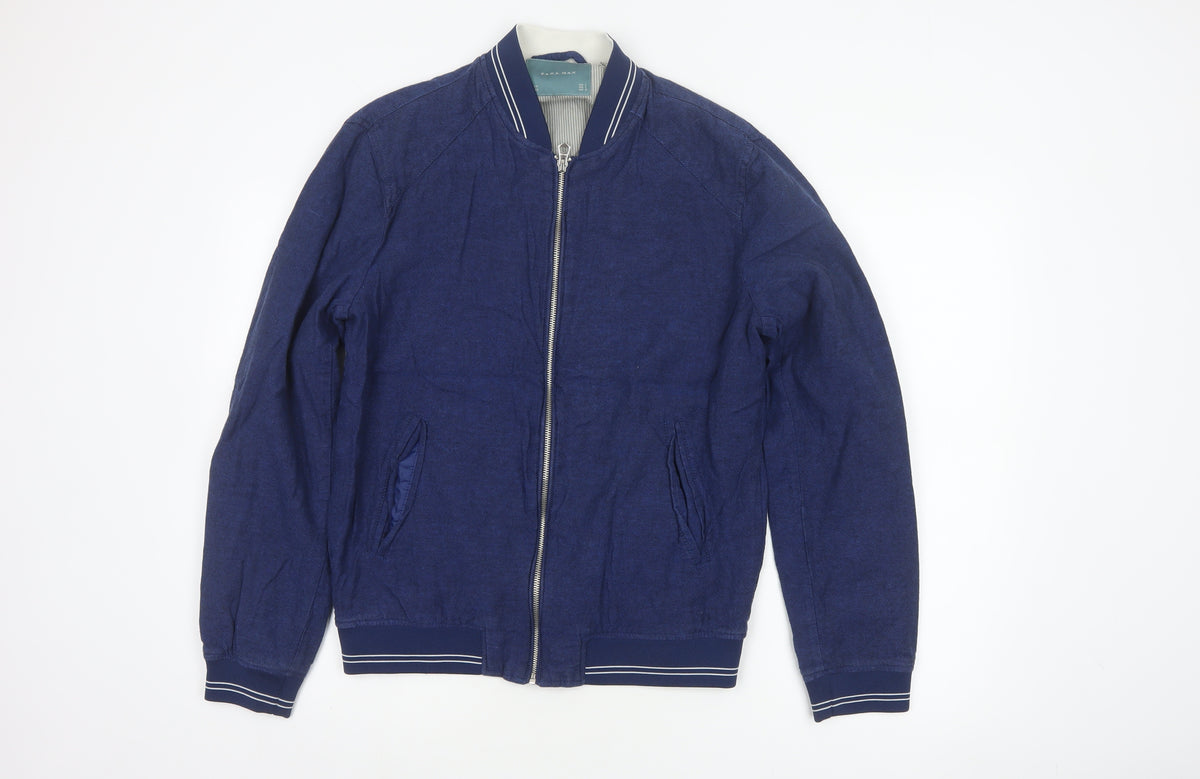 Zara Man Men's Blue Linen Cotton Bomber Jacket Size M Full Zip