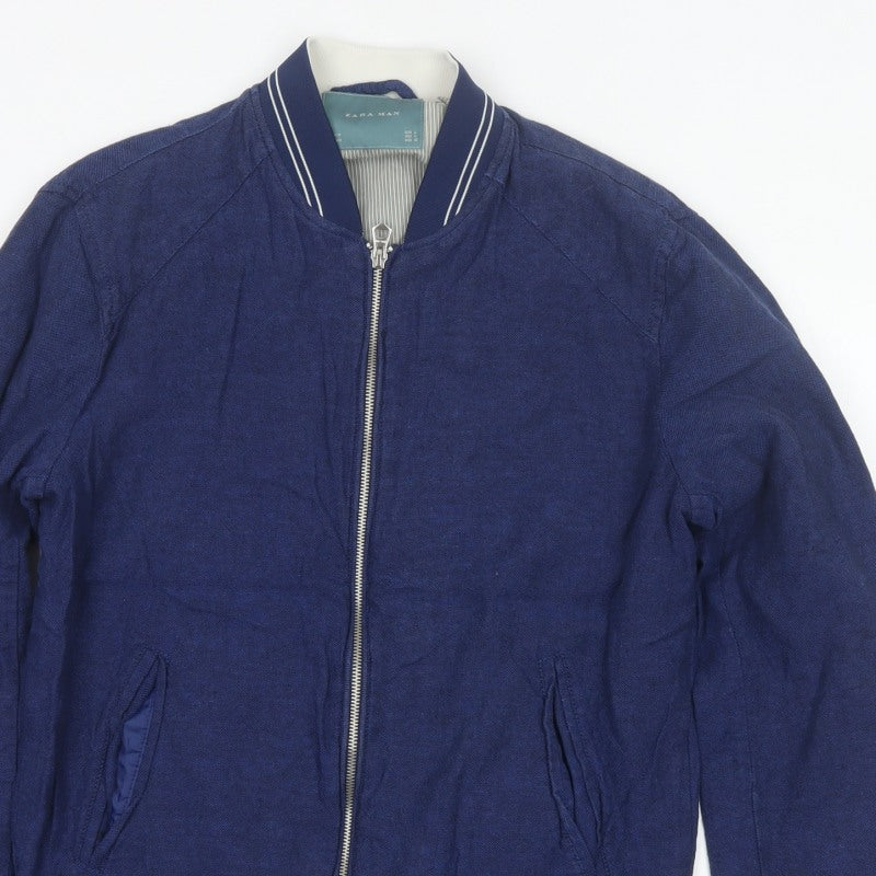 Zara Man Men's Blue Linen Cotton Bomber Jacket Size M Full Zip