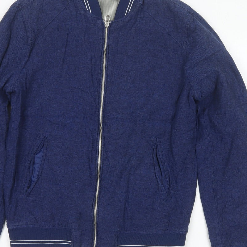 Zara Man Men's Blue Linen Cotton Bomber Jacket Size M Full Zip