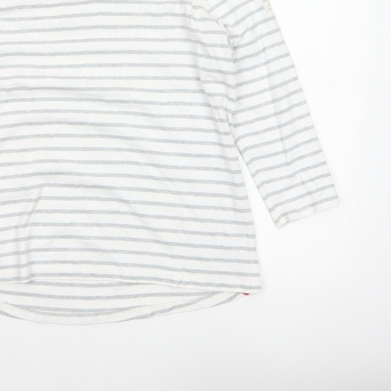 Joules Women White Grey Striped Ringer V-Neck Top Size 14