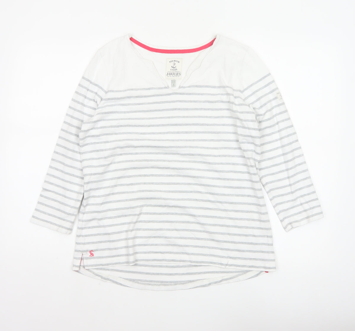Joules Women White Grey Striped Ringer V-Neck Top Size 14