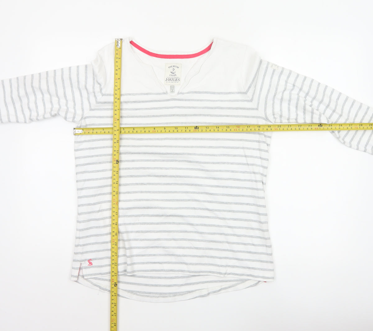 Joules Women White Grey Striped Ringer V-Neck Top Size 14