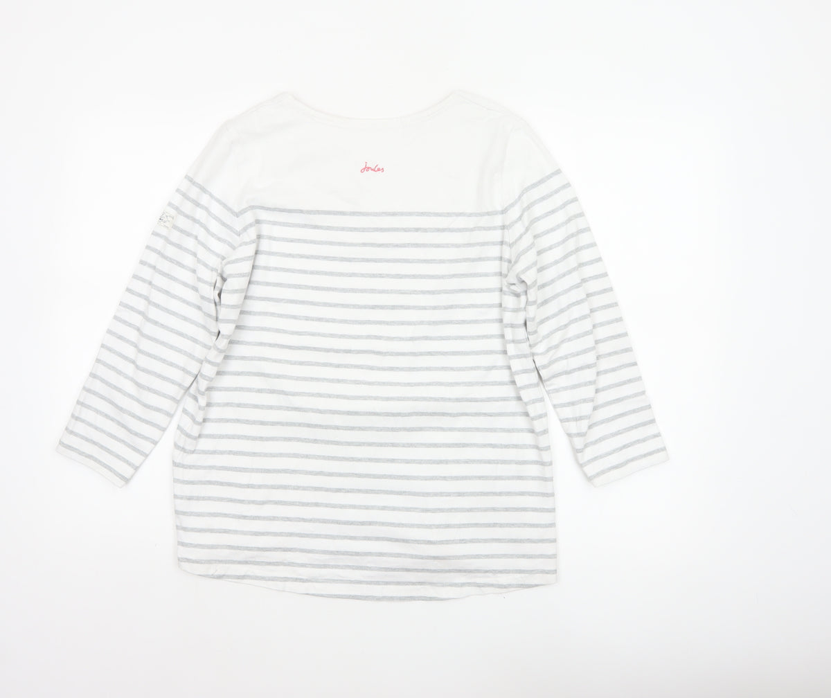 Joules Women White Grey Striped Ringer V-Neck Top Size 14