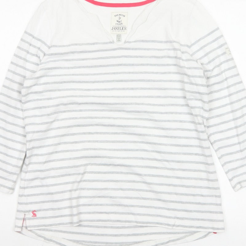Joules Women White Grey Striped Ringer V-Neck Top Size 14